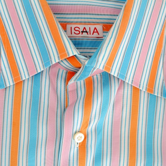 ISAIA Napoli Men's Shirt Multicolor Cotton Striped Long Sleeve Button Front L - Picture 7 of 16
